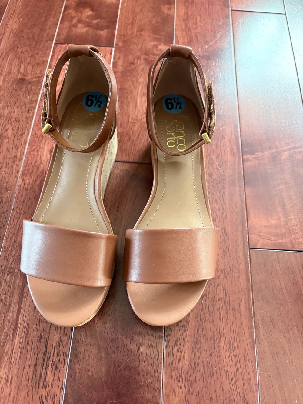 Franco Sarto Tan Leather Ankle-Strap Wedge Sandals